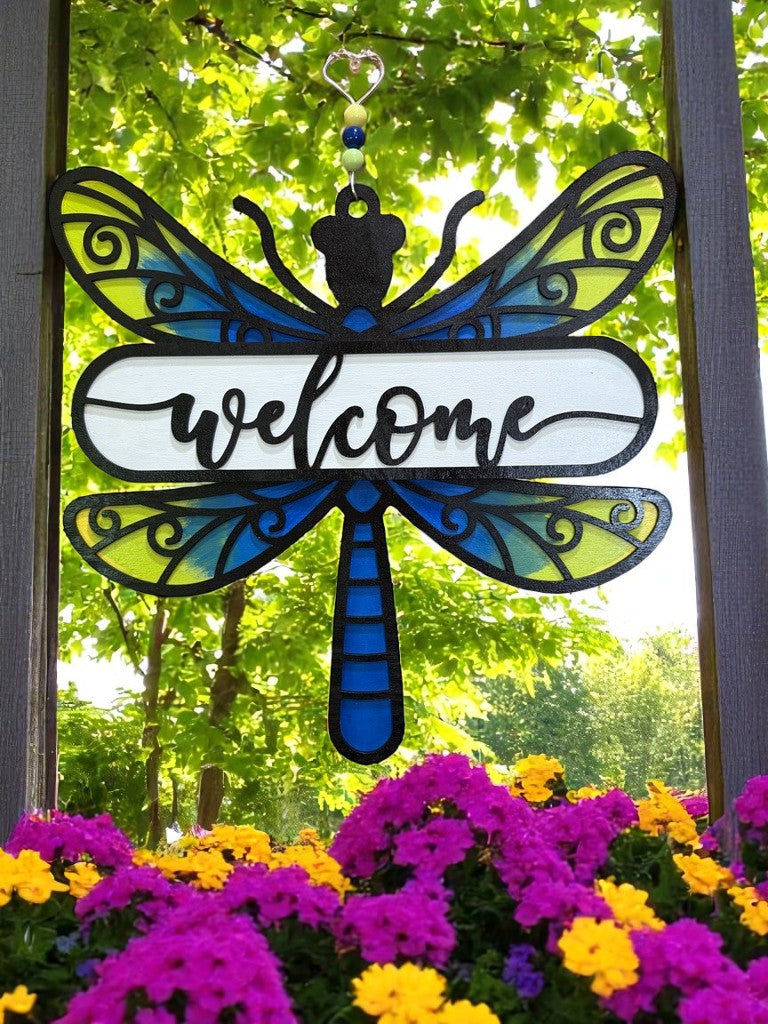 Dragonfly Welcome Sign β Handcrafted Wooden Door Decor for Summer & Nature Lovers