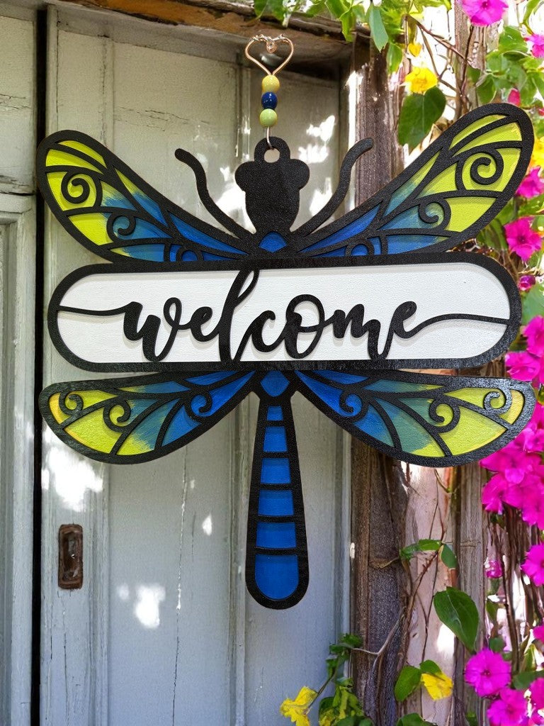 Dragonfly Welcome Sign β Handcrafted Wooden Door Decor for Summer & Nature Lovers