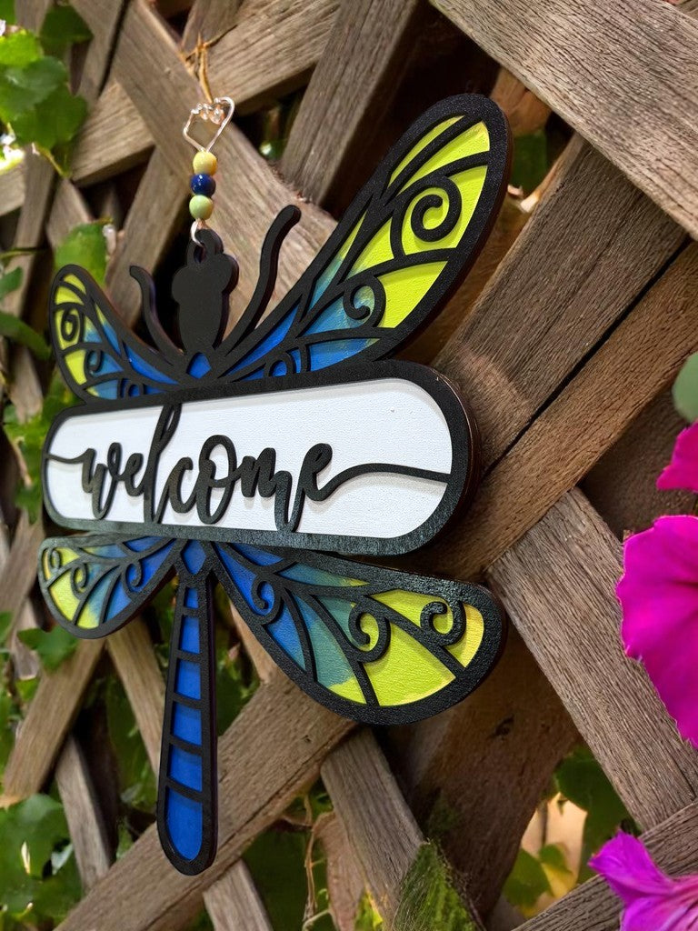 Dragonfly Welcome Sign β Handcrafted Wooden Door Decor for Summer & Nature Lovers