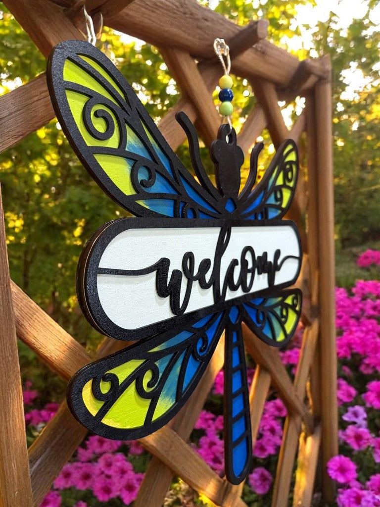 Dragonfly Welcome Sign β Handcrafted Wooden Door Decor for Summer & Nature Lovers