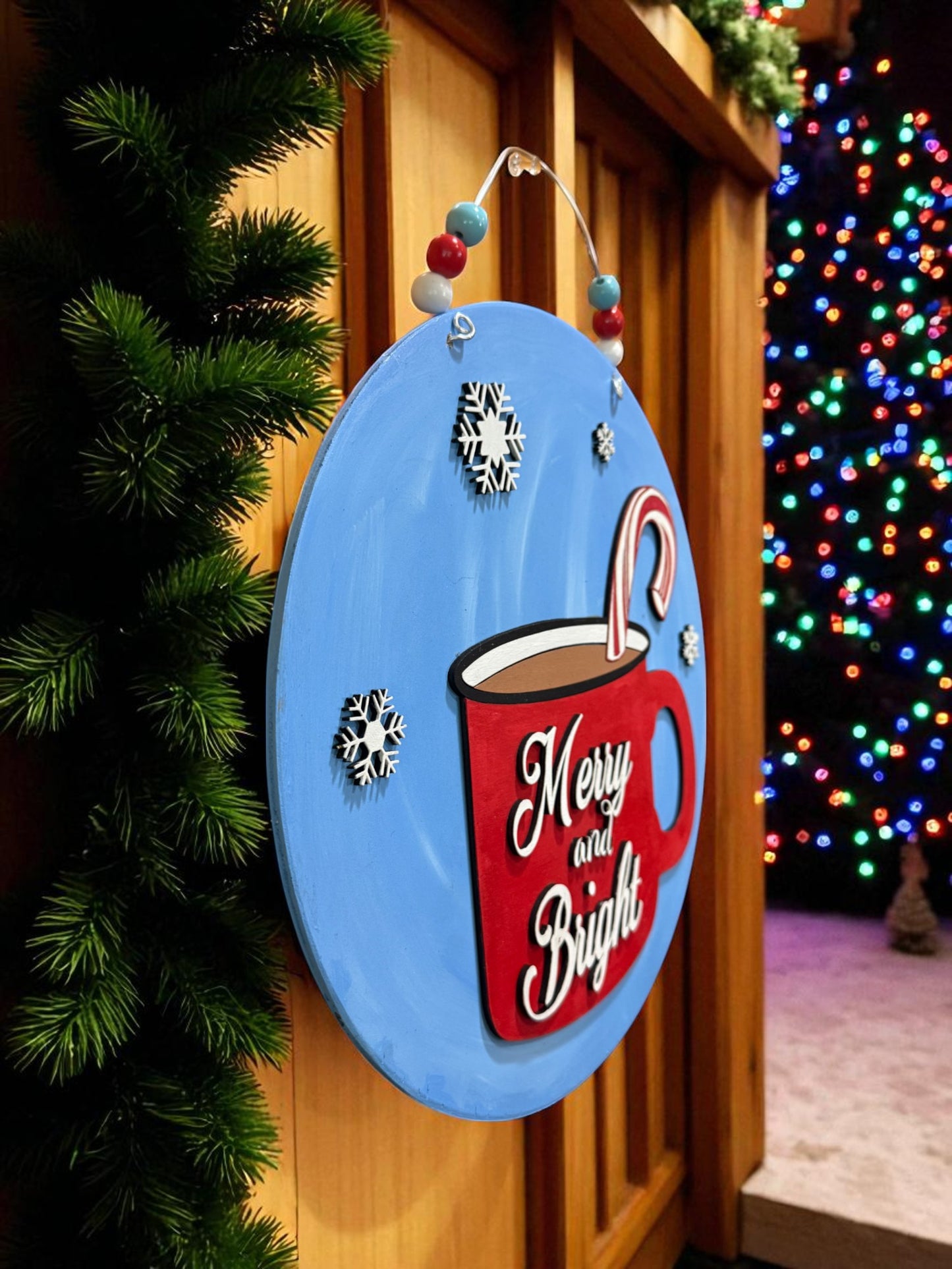 Merry and Bright Hot Cocoa Christmas Sign – Rustic Wooden Holiday Door Hanger, Handcrafted Winter Wall Decor