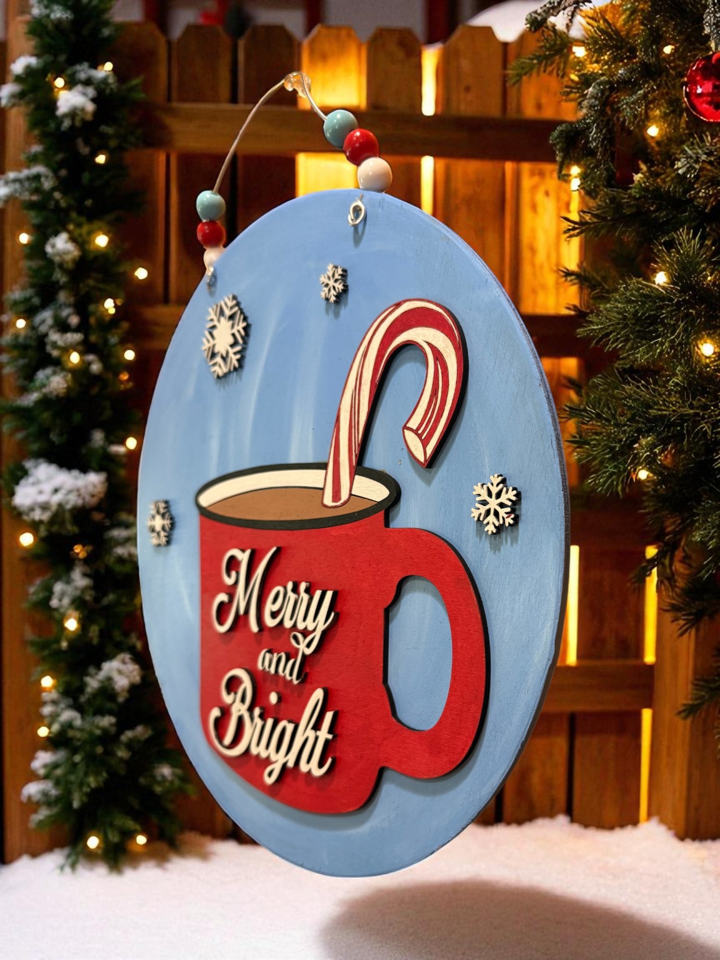 Merry and Bright Hot Cocoa Christmas Sign – Rustic Wooden Holiday Door Hanger, Handcrafted Winter Wall Decor