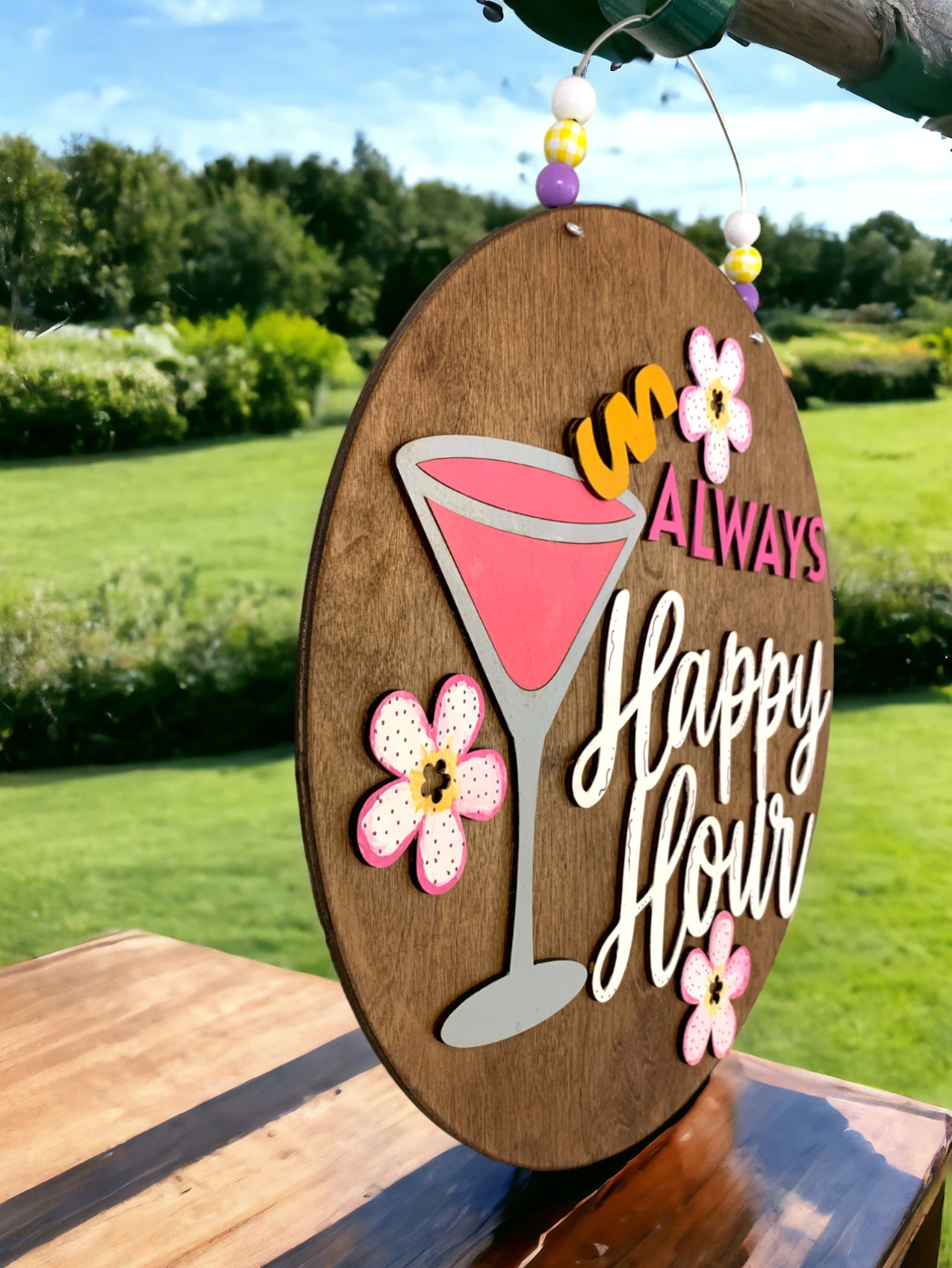 Always Happy Hour Wooden Sign – Fun Patio Bar Decor with Cocktail & Flowers