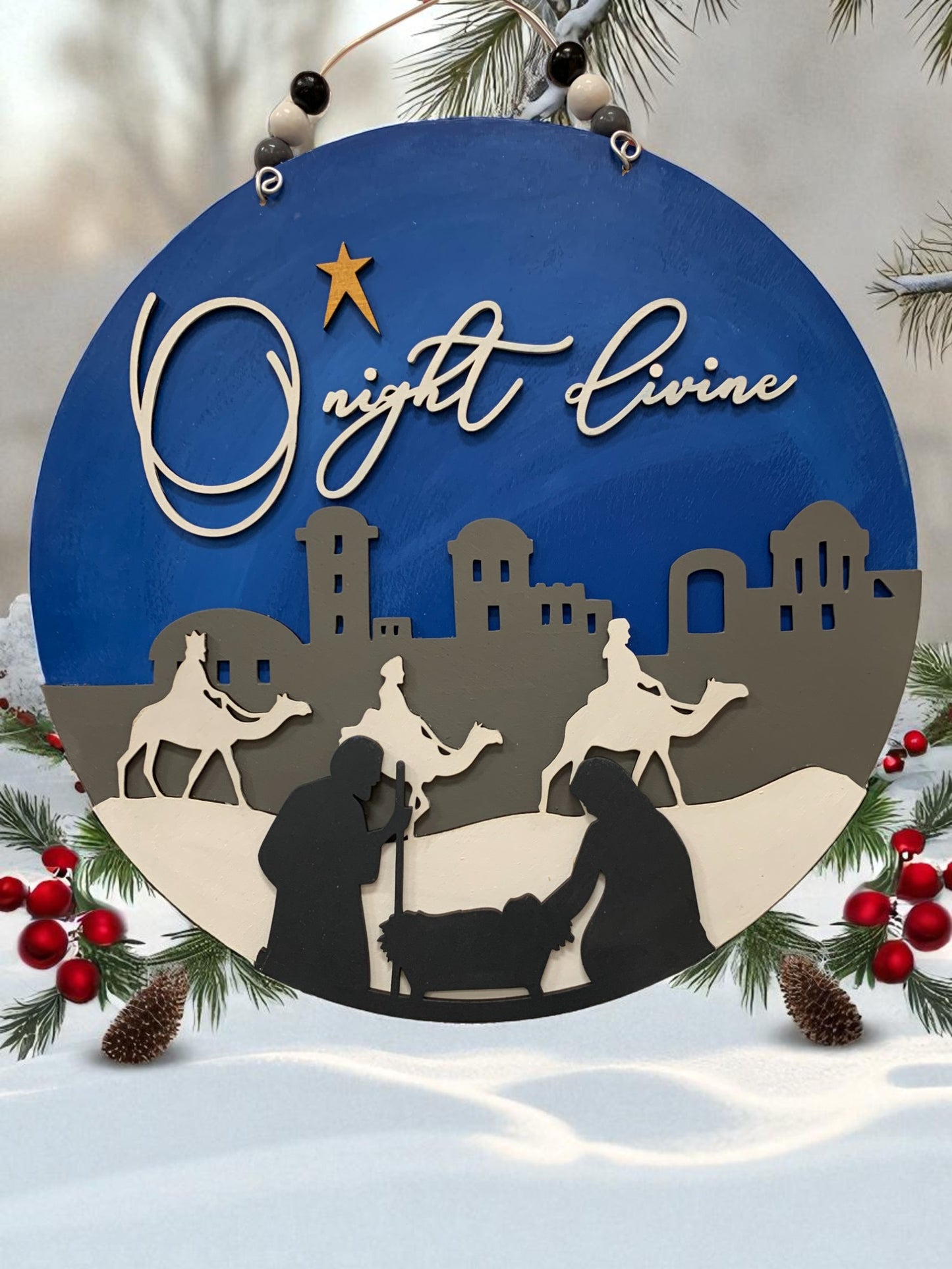 O Night Divine Nativity Scene Sign – Christian Christmas Wall Decor – Handmade Layered Wood Holiday Sign