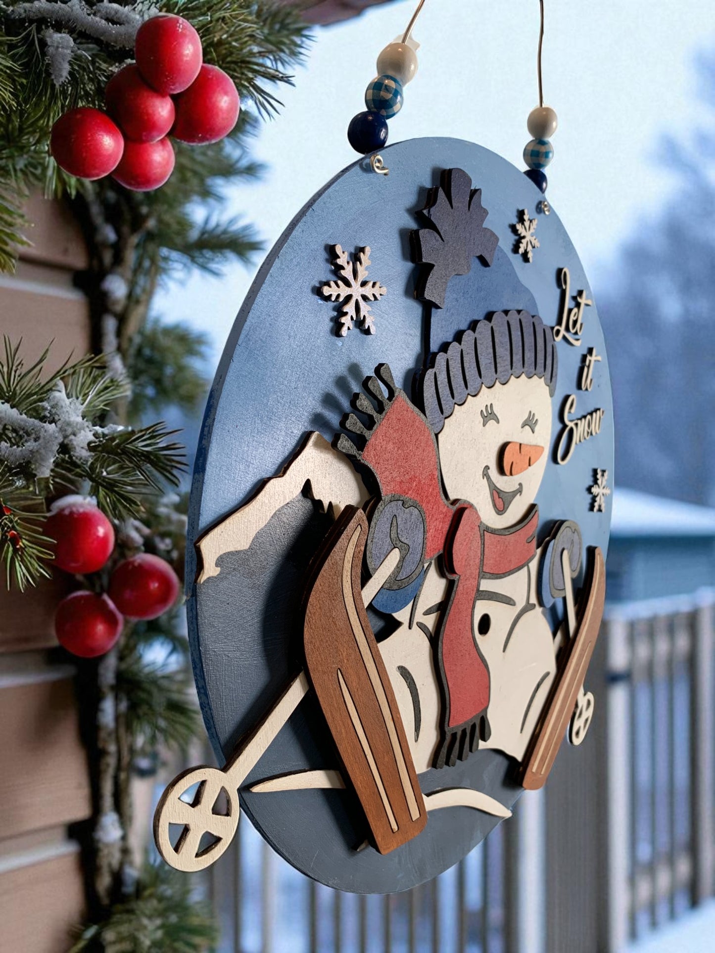 Let It Snow Skiing Snowman Sign – Handmade Winter Door & Wall Decor