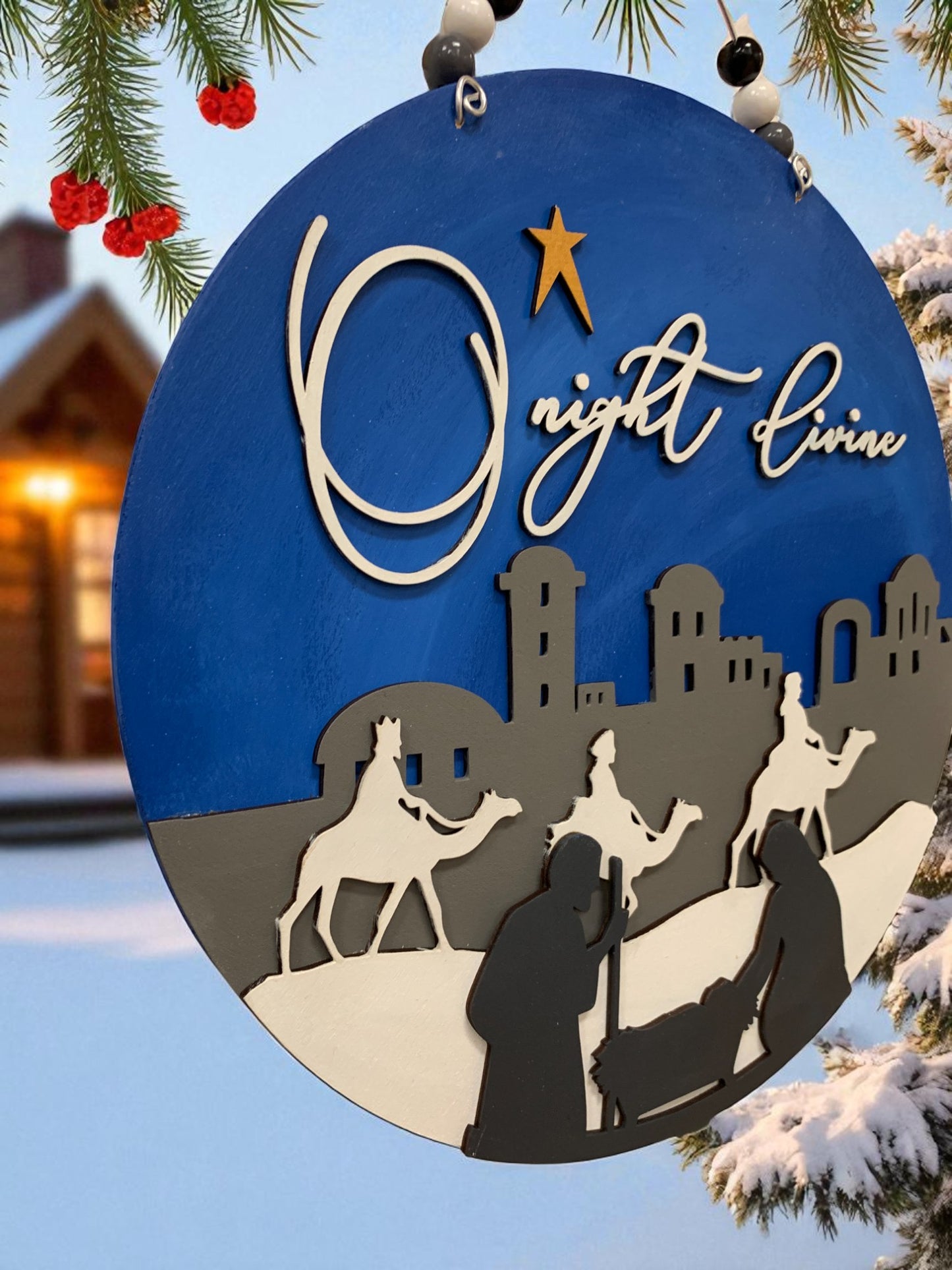 O Night Divine Nativity Scene Sign – Christian Christmas Wall Decor – Handmade Layered Wood Holiday Sign