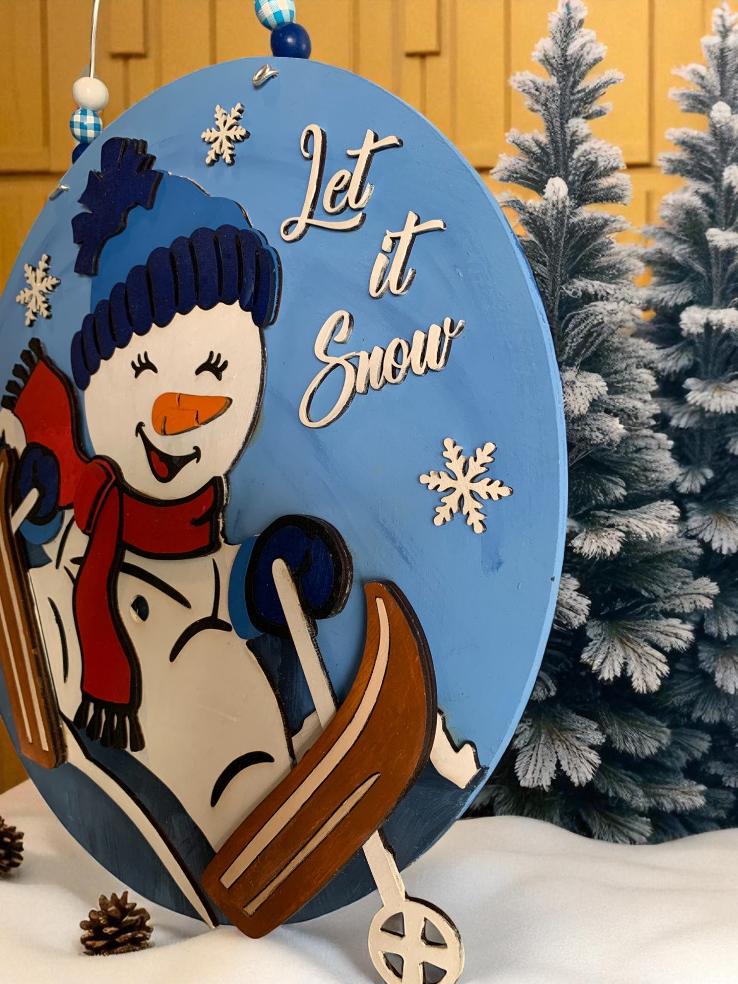 Let It Snow Skiing Snowman Sign – Handmade Winter Door & Wall Decor