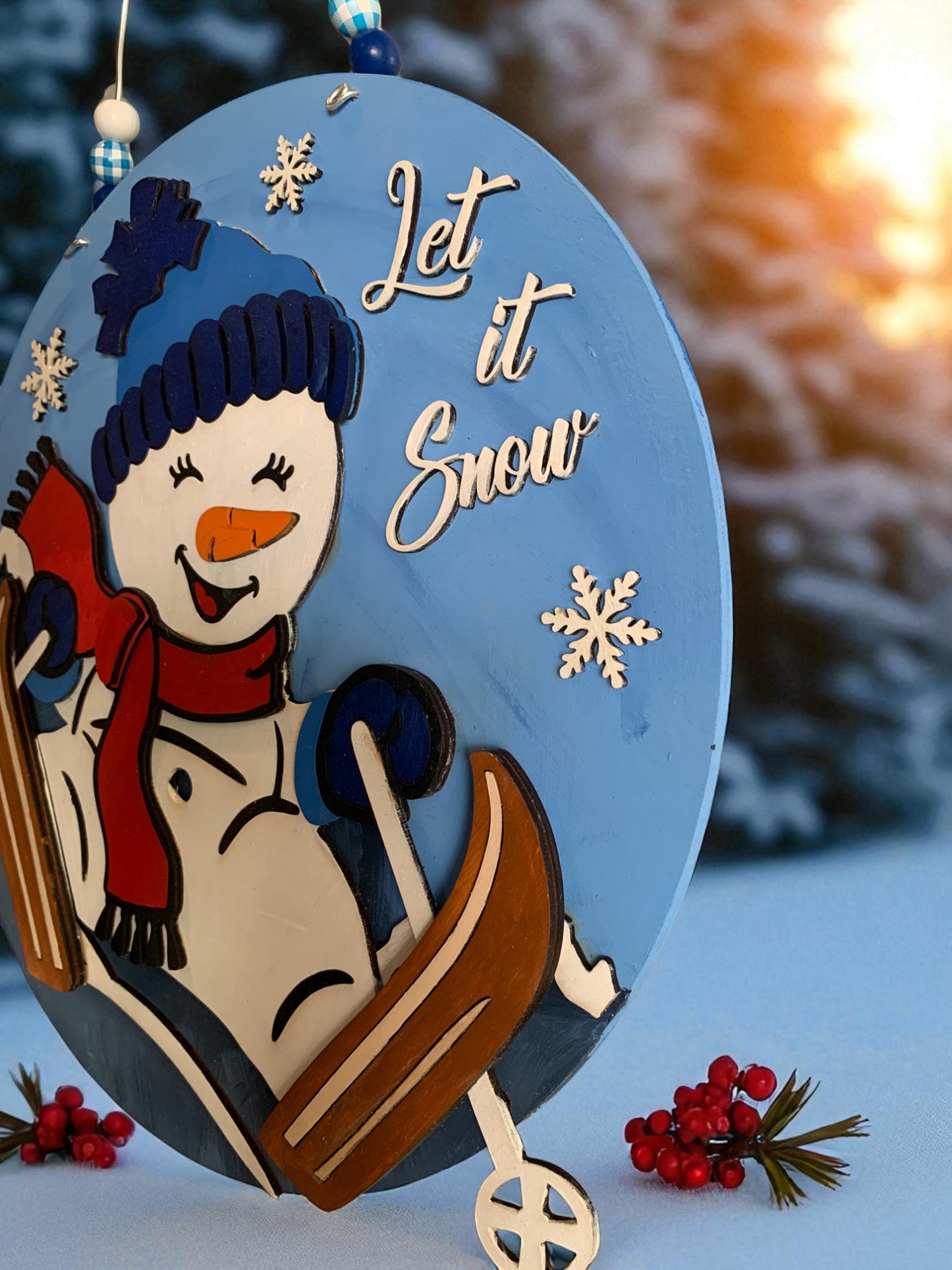 Let It Snow Skiing Snowman Sign – Handmade Winter Door & Wall Decor