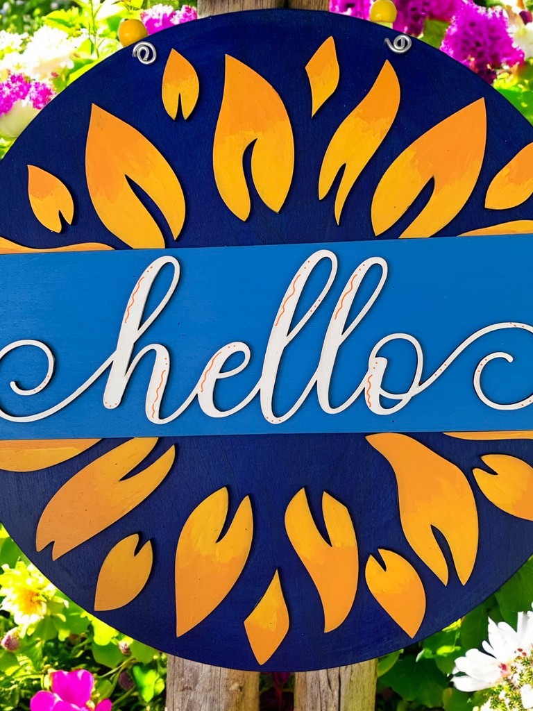 Sunflower Hello Sign – Rustic Summer Door Decor – Farmhouse Welcome Sign for Front Porch