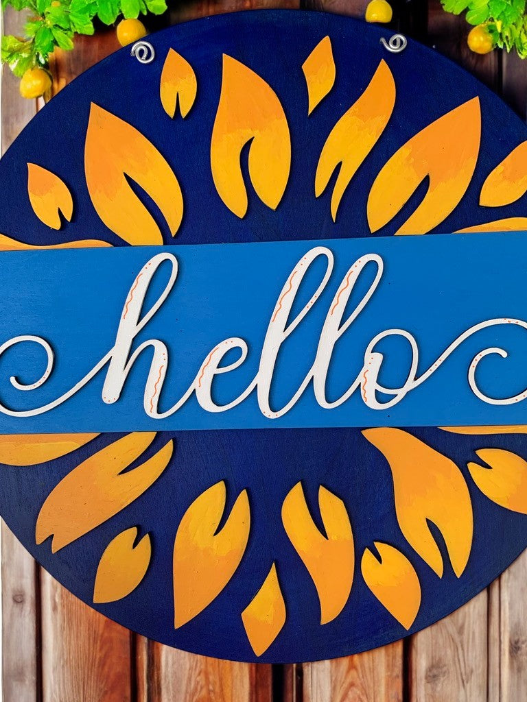 Sunflower Hello Sign – Rustic Summer Door Decor – Farmhouse Welcome Sign for Front Porch