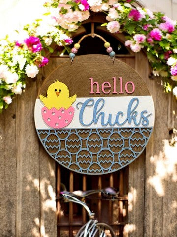 Hello Chicks Easter Sign – Handmade 3D Wooden Spring Door Hanger with Baby Chick Decor