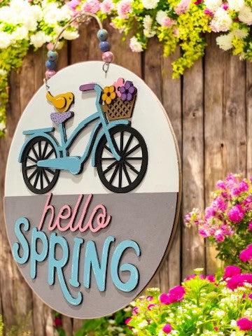 Hello Spring Bicycle Sign – Handmade 3D Wooden Door Hanger for Seasonal Home Decor
