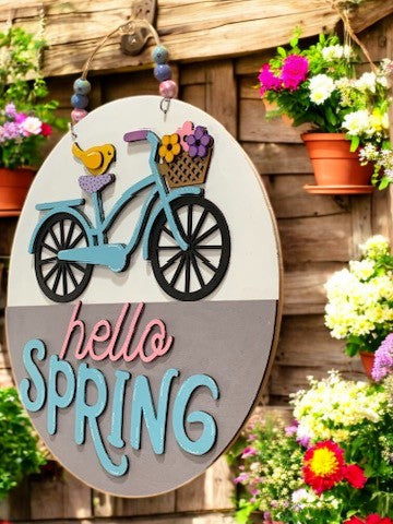 Hello Spring Bicycle Sign – Handmade 3D Wooden Door Hanger for Seasonal Home Decor