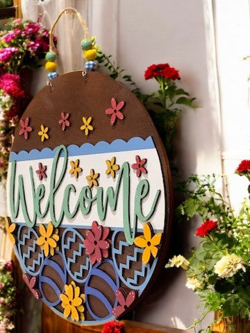 Easter Welcome Sign – Handmade 3D Wooden Spring Door Hanger with Floral & Egg Decor