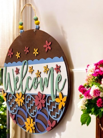 Easter Welcome Sign – Handmade 3D Wooden Spring Door Hanger with Floral & Egg Decor