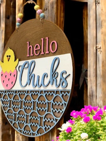 Hello Chicks Easter Sign – Handmade 3D Wooden Spring Door Hanger with Baby Chick Decor