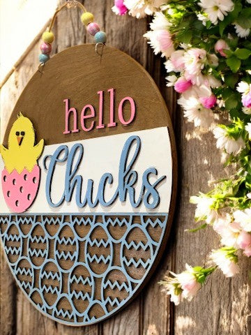 Hello Chicks Easter Sign – Handmade 3D Wooden Spring Door Hanger with Baby Chick Decor