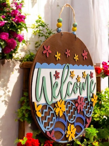 Easter Welcome Sign – Handmade 3D Wooden Spring Door Hanger with Floral & Egg Decor