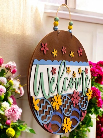 Easter Welcome Sign – Handmade 3D Wooden Spring Door Hanger with Floral & Egg Decor