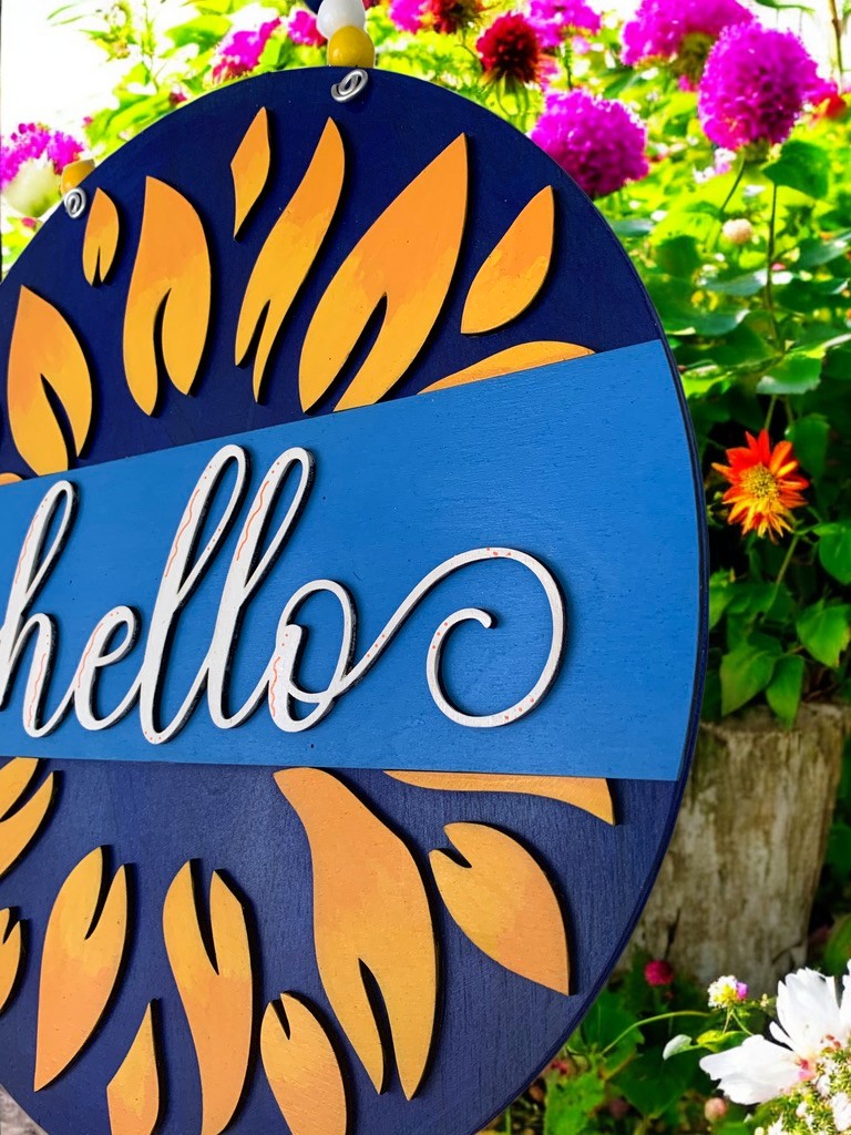 Sunflower Hello Sign – Rustic Summer Door Decor – Farmhouse Welcome Sign for Front Porch