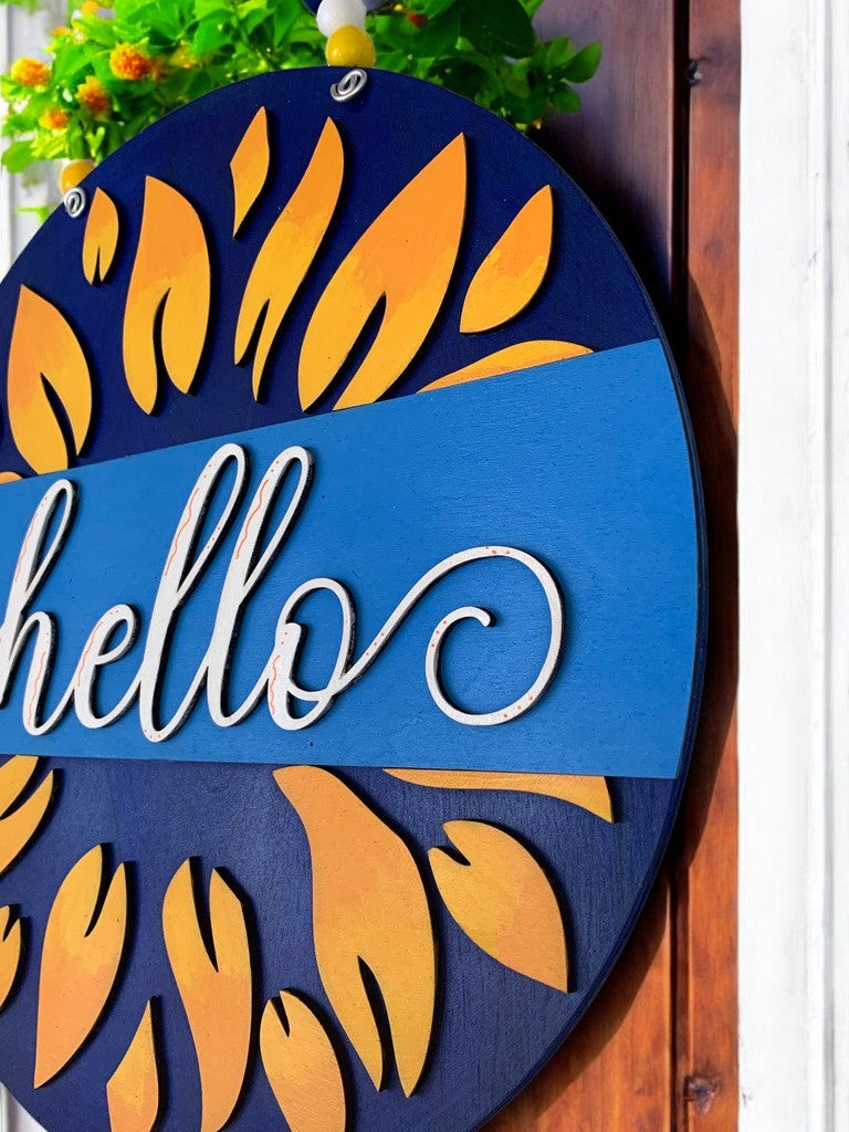 Sunflower Hello Sign – Rustic Summer Door Decor – Farmhouse Welcome Sign for Front Porch