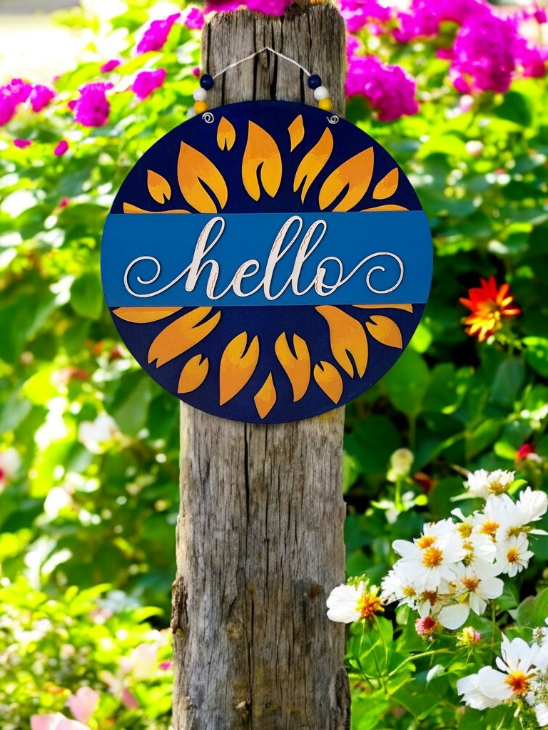 Sunflower Hello Sign – Rustic Summer Door Decor – Farmhouse Welcome Sign for Front Porch