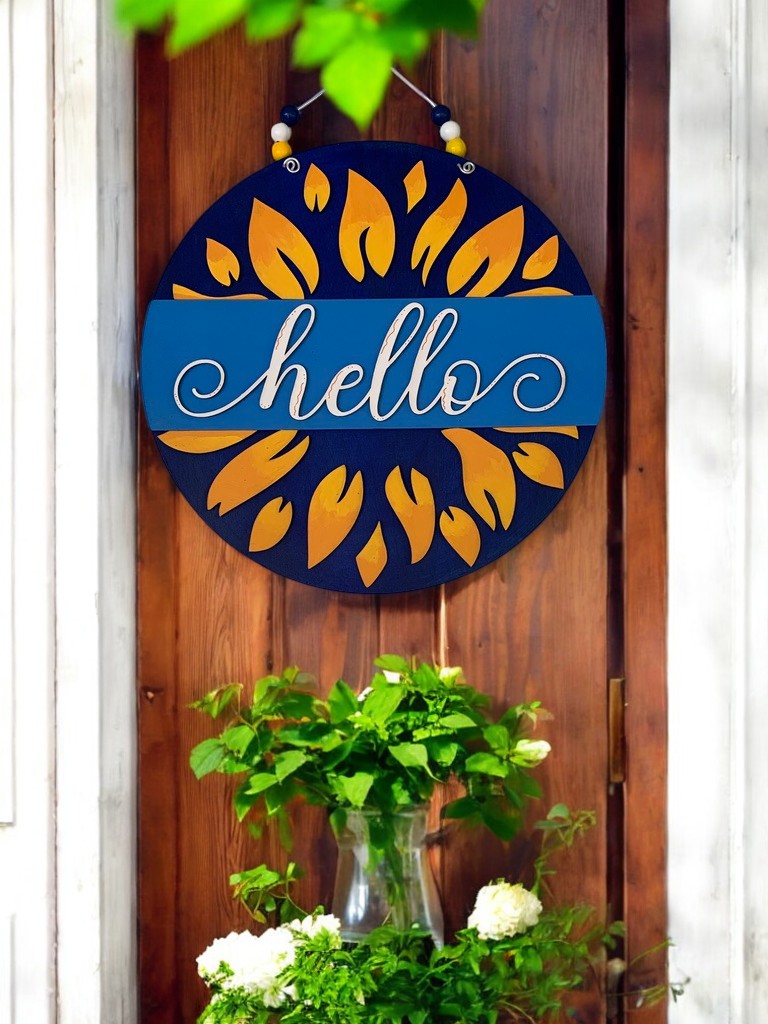 Sunflower Hello Sign – Rustic Summer Door Decor – Farmhouse Welcome Sign for Front Porch
