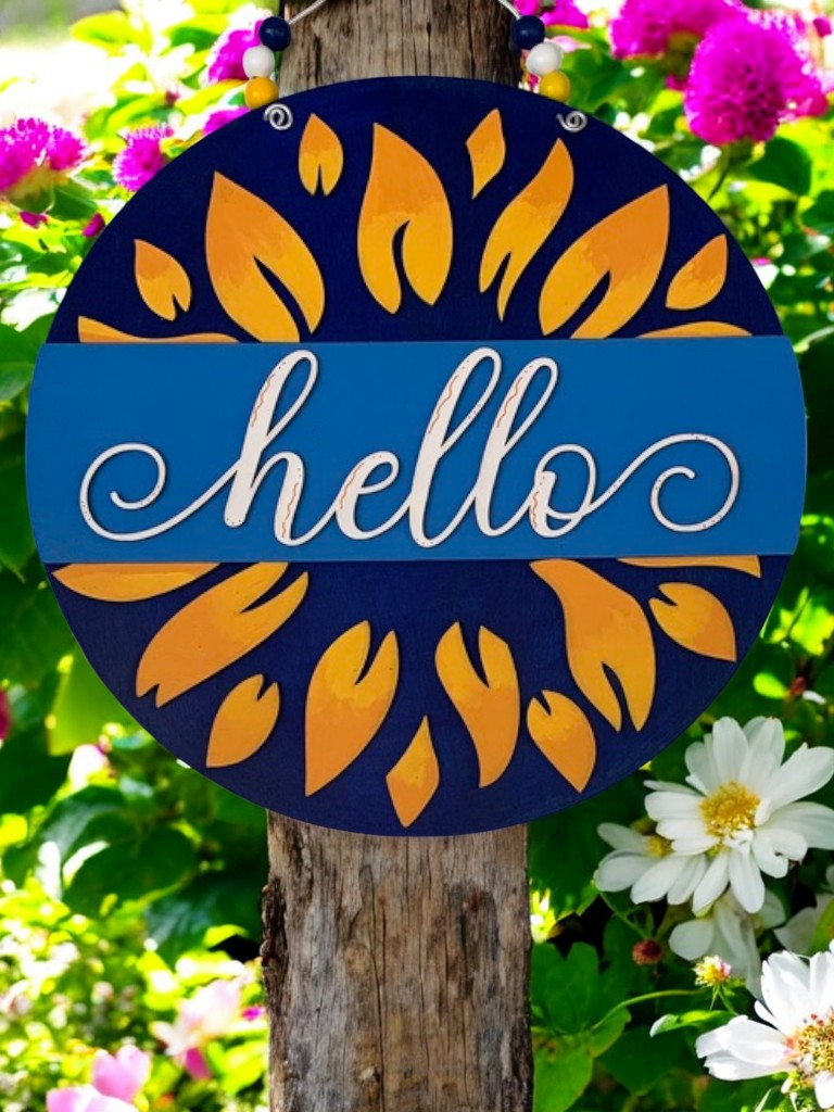 Sunflower Hello Sign – Rustic Summer Door Decor – Farmhouse Welcome Sign for Front Porch