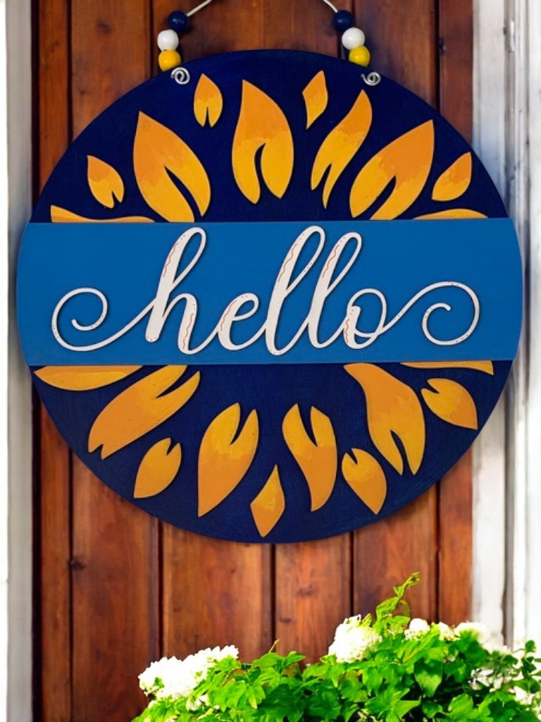Sunflower Hello Sign – Rustic Summer Door Decor – Farmhouse Welcome Sign for Front Porch