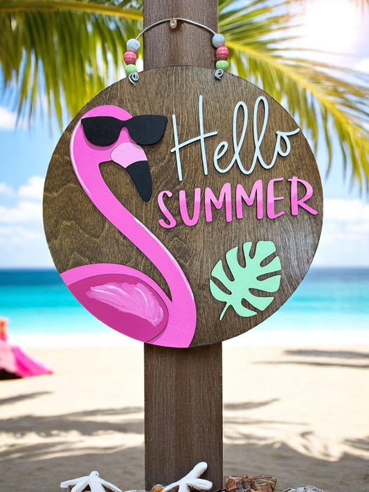 Hello Summer Flamingo Door Sign – Fun Tropical Porch Decor – Handmade Beach Vibes Welcome Sign