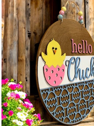 Hello Chicks Easter Sign – Handmade 3D Wooden Spring Door Hanger with Baby Chick Decor