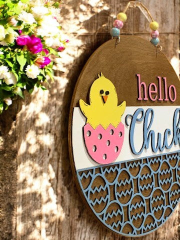 Hello Chicks Easter Sign – Handmade 3D Wooden Spring Door Hanger with Baby Chick Decor