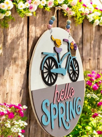 Hello Spring Bicycle Sign – Handmade 3D Wooden Door Hanger for Seasonal Home Decor