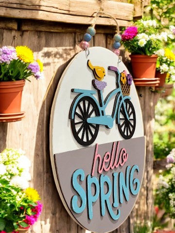 Hello Spring Bicycle Sign – Handmade 3D Wooden Door Hanger for Seasonal Home Decor