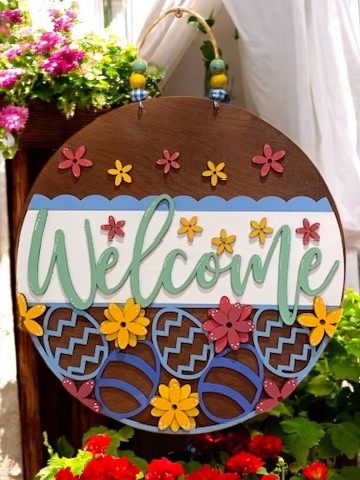 Easter Welcome Sign – Handmade 3D Wooden Spring Door Hanger with Floral & Egg Decor