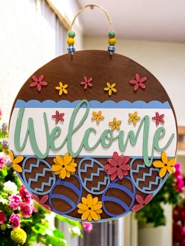 Easter Welcome Sign – Handmade 3D Wooden Spring Door Hanger with Floral & Egg Decor