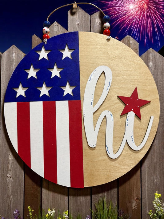 Patriotic "Hi" Door Sign – Rustic American Flag Wood Round for 4th of July, Summer & Front Porch Decor