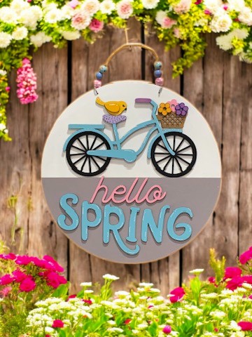 Hello Spring Bicycle Sign – Handmade 3D Wooden Door Hanger for Seasonal Home Decor