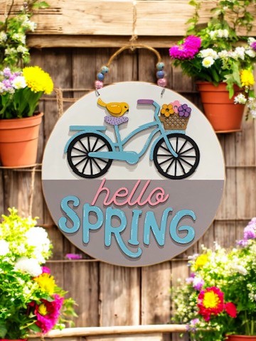 Hello Spring Bicycle Sign – Handmade 3D Wooden Door Hanger for Seasonal Home Decor
