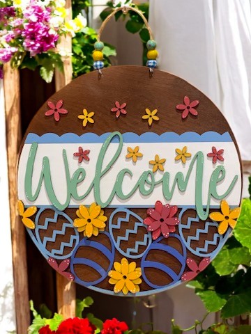Easter Welcome Sign – Handmade 3D Wooden Spring Door Hanger with Floral & Egg Decor
