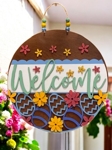 Easter Welcome Sign – Handmade 3D Wooden Spring Door Hanger with Floral & Egg Decor