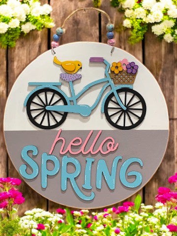 Hello Spring Bicycle Sign – Handmade 3D Wooden Door Hanger for Seasonal Home Decor