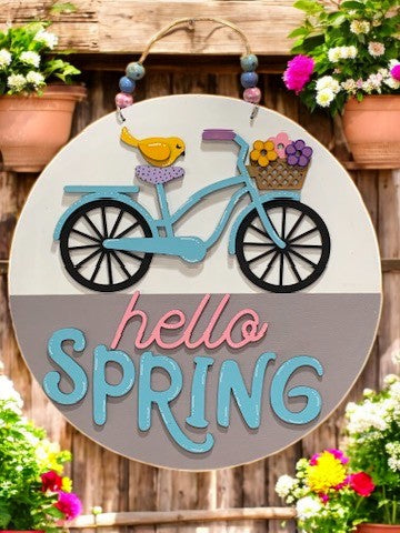 Hello Spring Bicycle Sign – Handmade 3D Wooden Door Hanger for Seasonal Home Decor