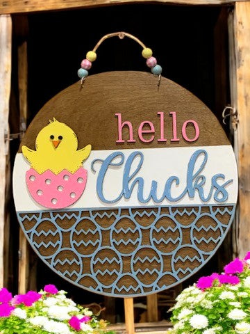 Hello Chicks Easter Sign – Handmade 3D Wooden Spring Door Hanger with Baby Chick Decor