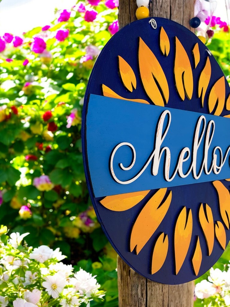 Sunflower Hello Sign – Rustic Summer Door Decor – Farmhouse Welcome Sign for Front Porch