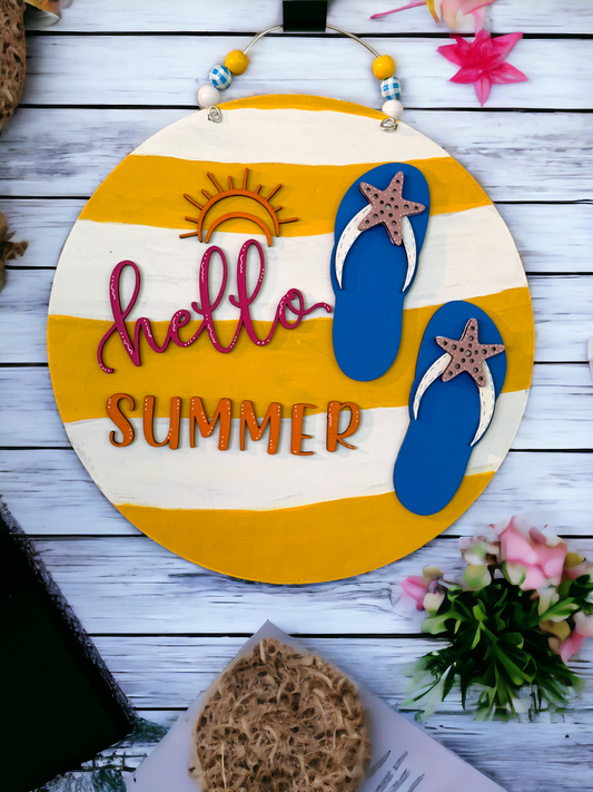 Hello Summer Flip Flop Door Sign – Fun Beach House Welcome Decor – Handmade Summer Front Porch Sign
