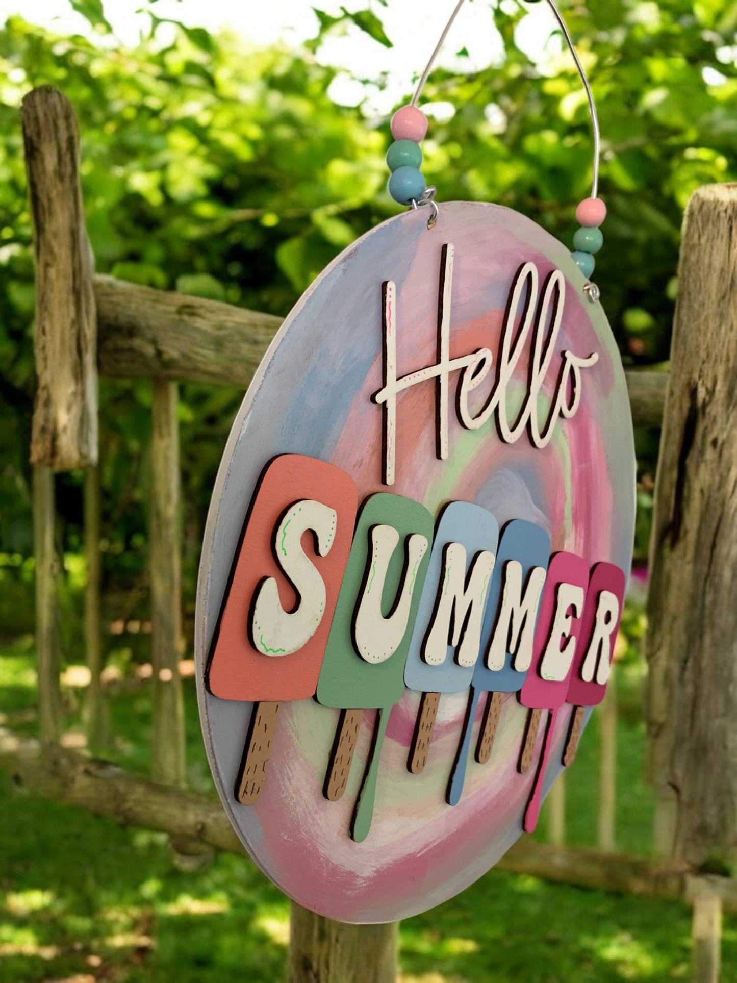 Hello Summer Ice Cream Sign – Colorful Summer Door Hanger – Fun Seasonal Wall Decor