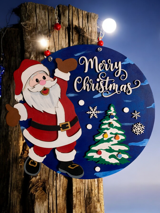 Handmade Santa Christmas Wall Sign – 3D Wooden Round Holiday Decor with Tree & Snowflakes