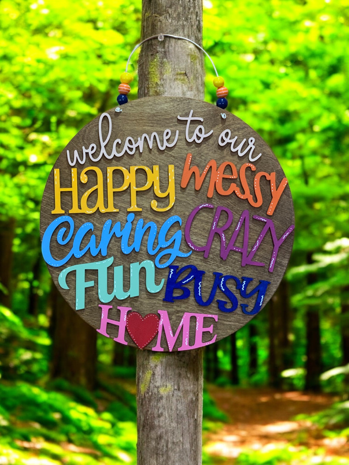 Welcome to Our Happy Messy Crazy Home – Handmade 3D Wooden Family Door Sign