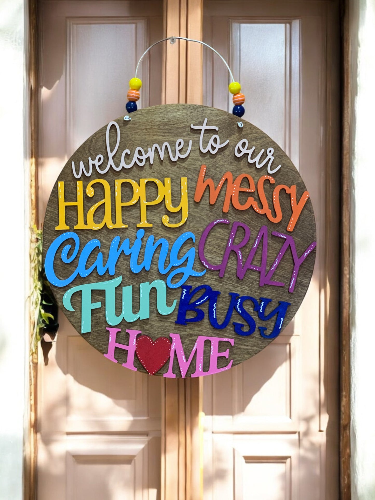Welcome to Our Happy Messy Crazy Home – Handmade 3D Wooden Family Door Sign
